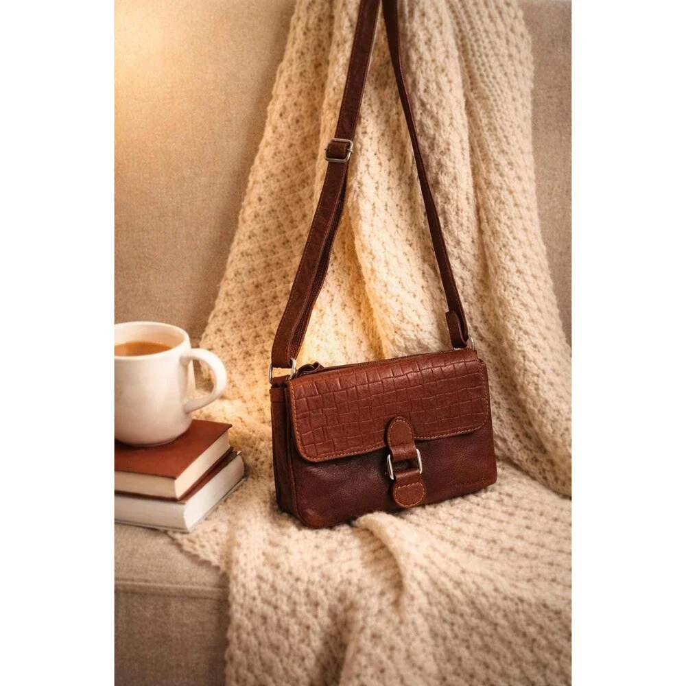 Vintage Jack Georges Brown Leather Crossbody Bag – Woven Embossed Flap Shoulder